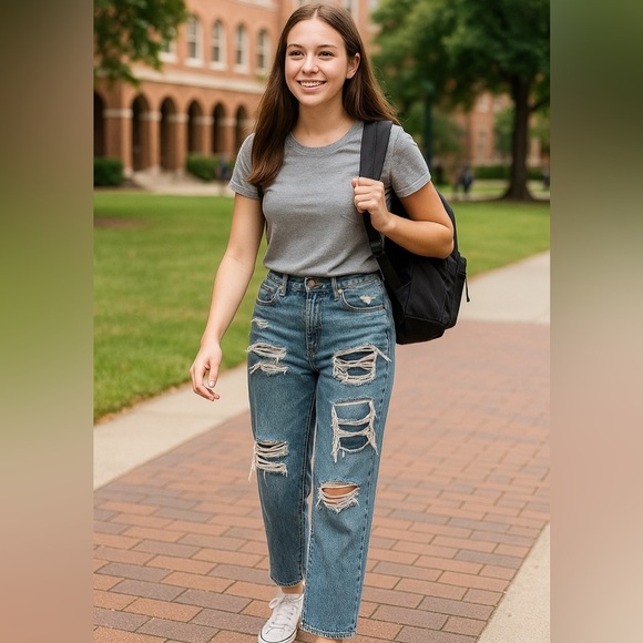 American Eagle Mom Jeans Sz 10 | Ripped with Plaid Patches | 90s Straight Fit - Picture 2 of 6
